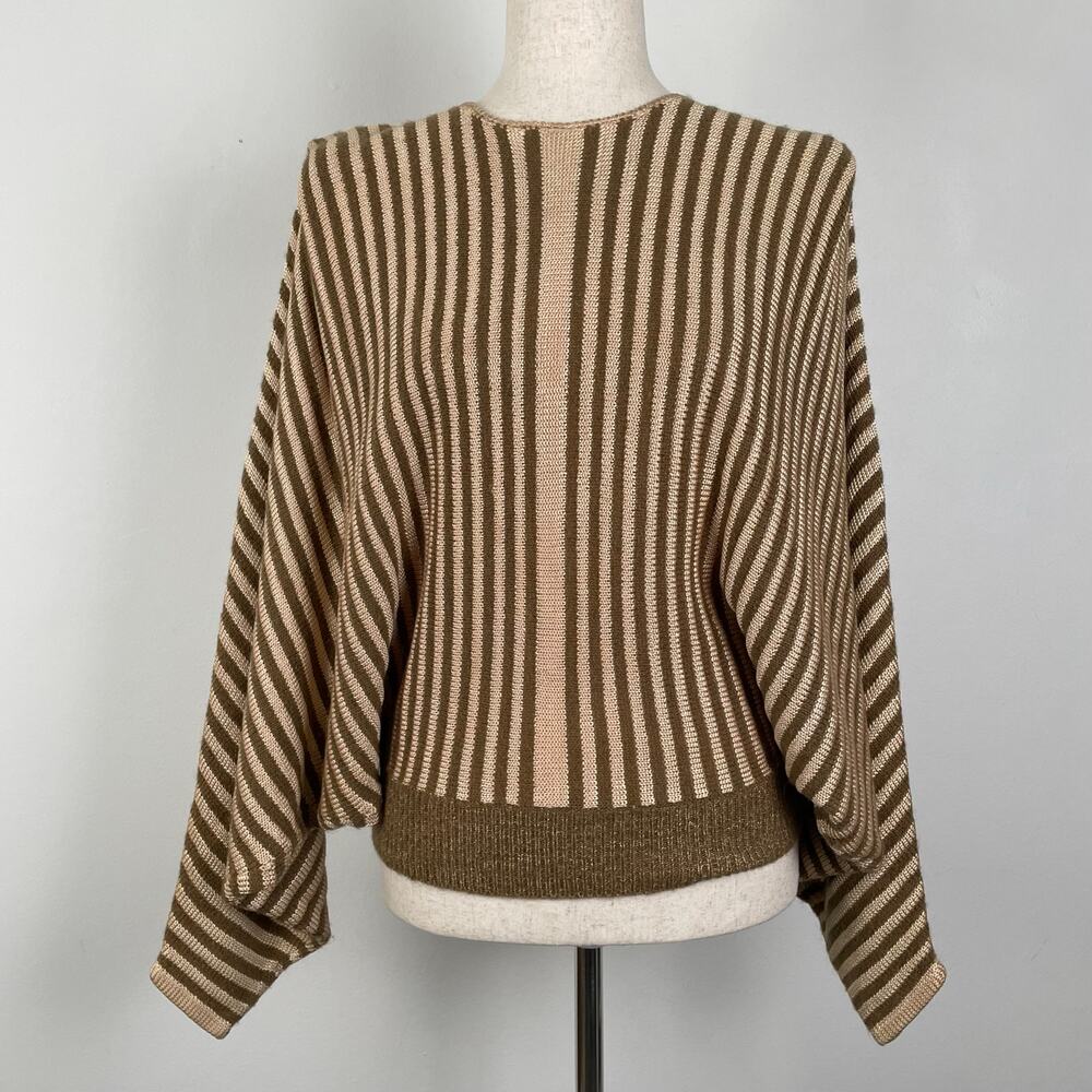 90s Vintage Epin Hand Loomed Sweater Womens S Brown Striped Wide Dolman Sleeves - Picture 2 of 14